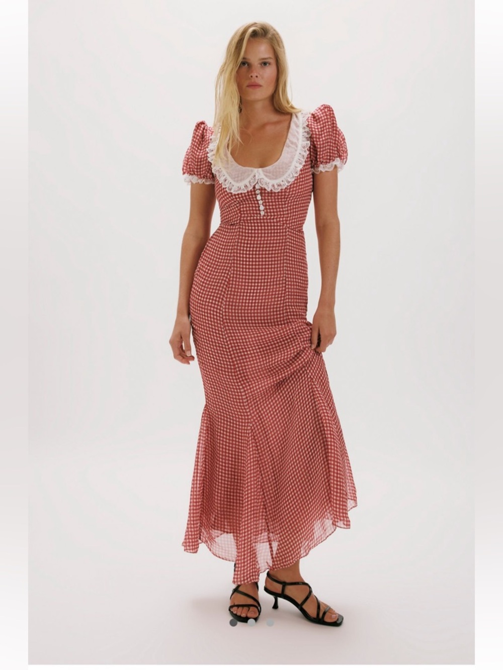 For Love & Lemons Red Gingham Maxi Dress with White Lace Trim